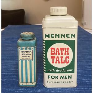 Vtg Tin Pair Mennen Bath Talc Can & Borated Powder Striped Restroom Decor 15B